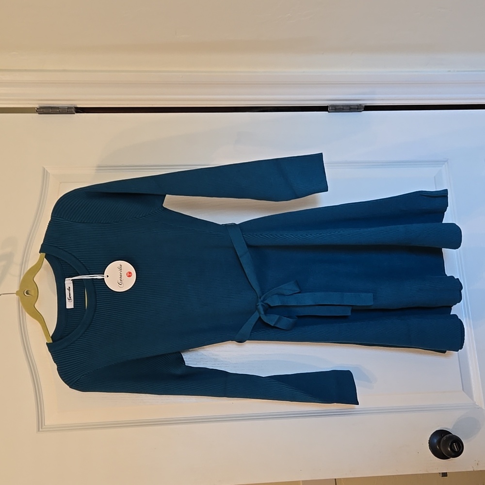 Caracilia Teal Long Sleeve Ribbed Sweater Dress
